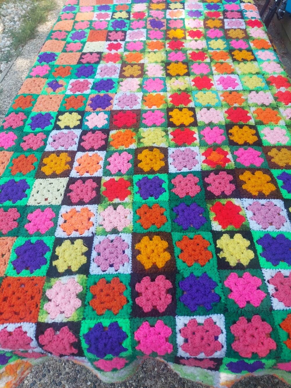 VTG Large Handmade Crochet Afghan Granny Square Blanket Hand Sewn Made Dopamine